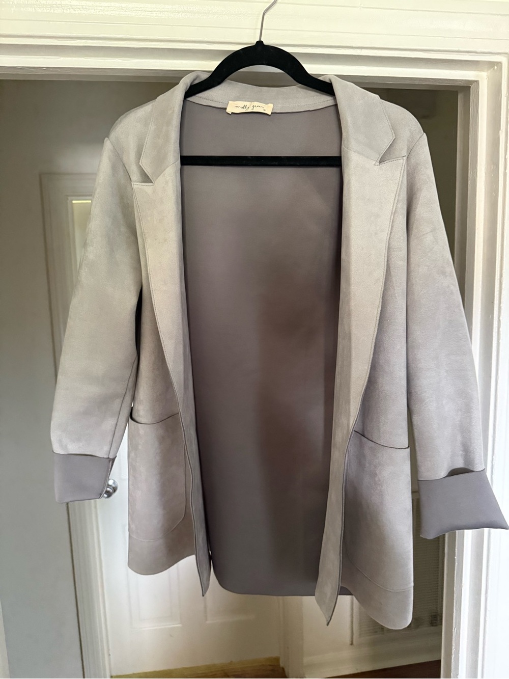 Open-Front Light Gray Suede Blazer Jacket
